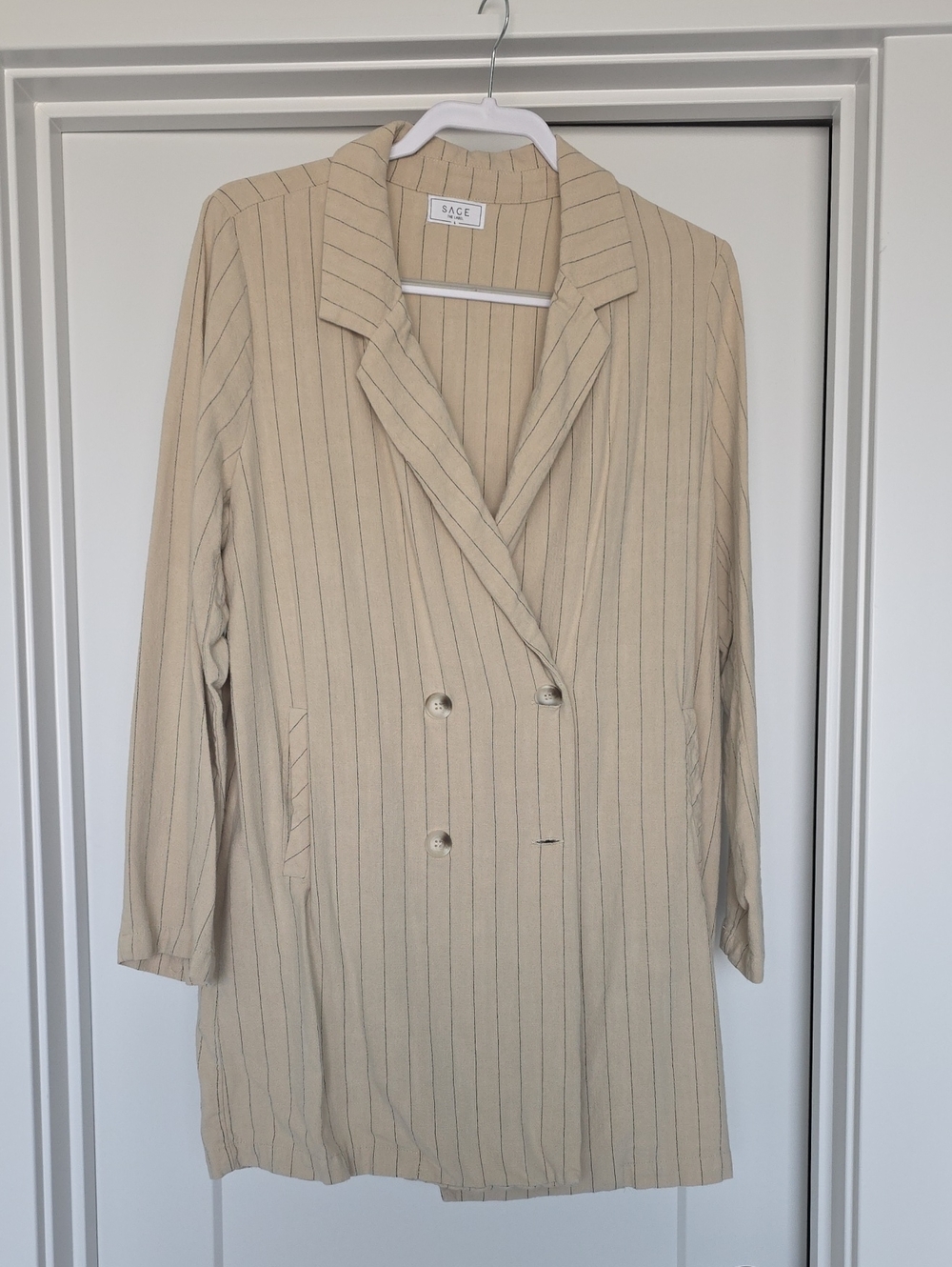 Sage Beige Pinstripe Double-Breasted Long Blazer